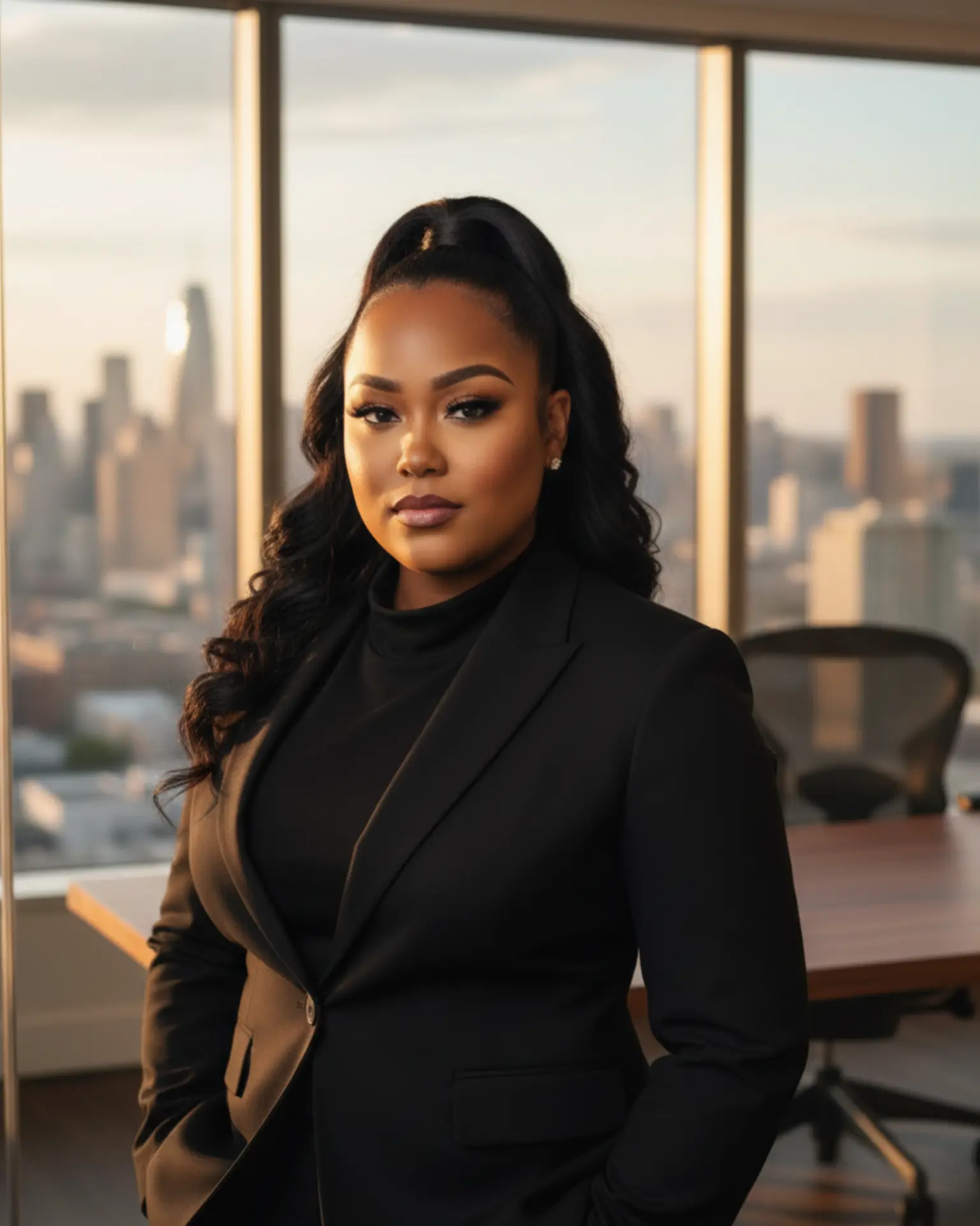 Candice, founder of Co-Partnered, in a boardroom at sunset